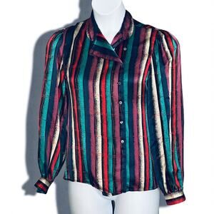 Vintage 70s Betty Hanson Silk Button Up Blouse Sz Medium Colorful Retro Glamour